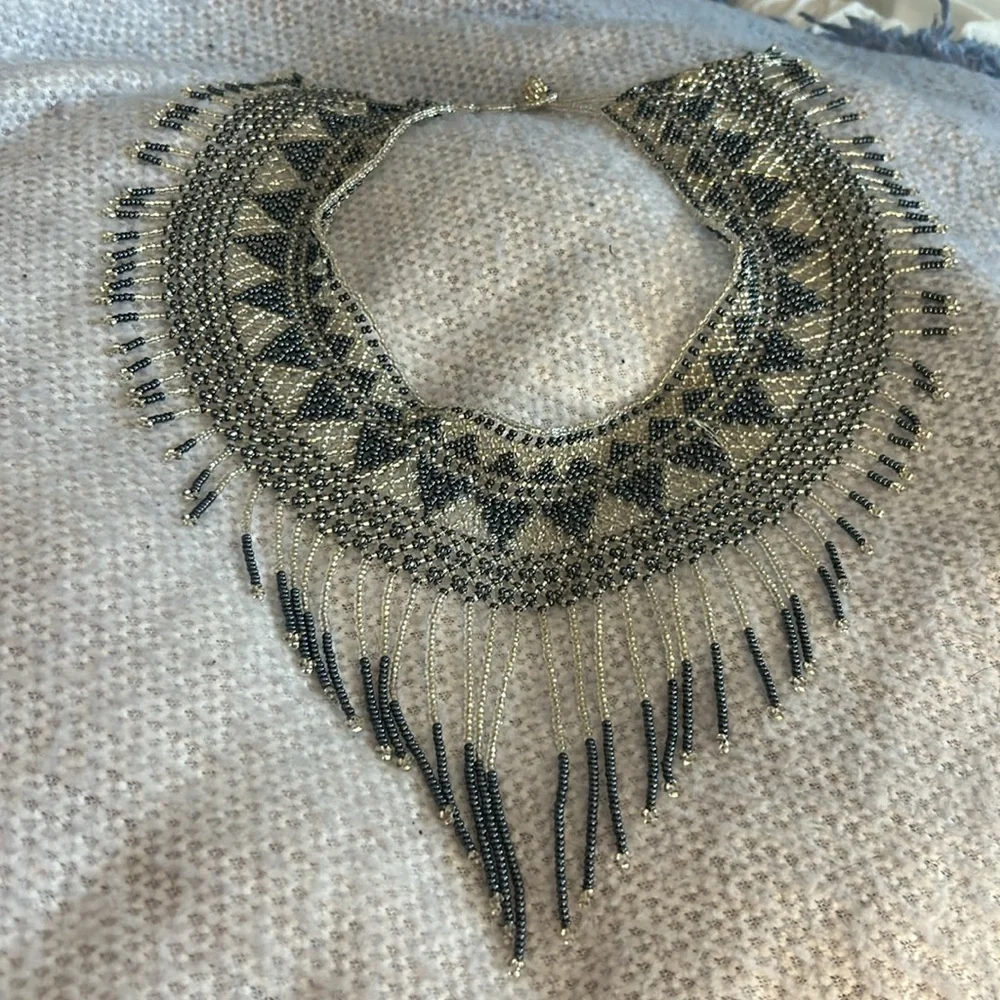 Vintage Beaded Collar Necklace Slate and Silver - Picture 7 of 14